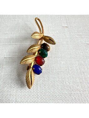12K Gold Filled Four Scarab Brooch Natural Gemstones Leaf Spray Mid Century